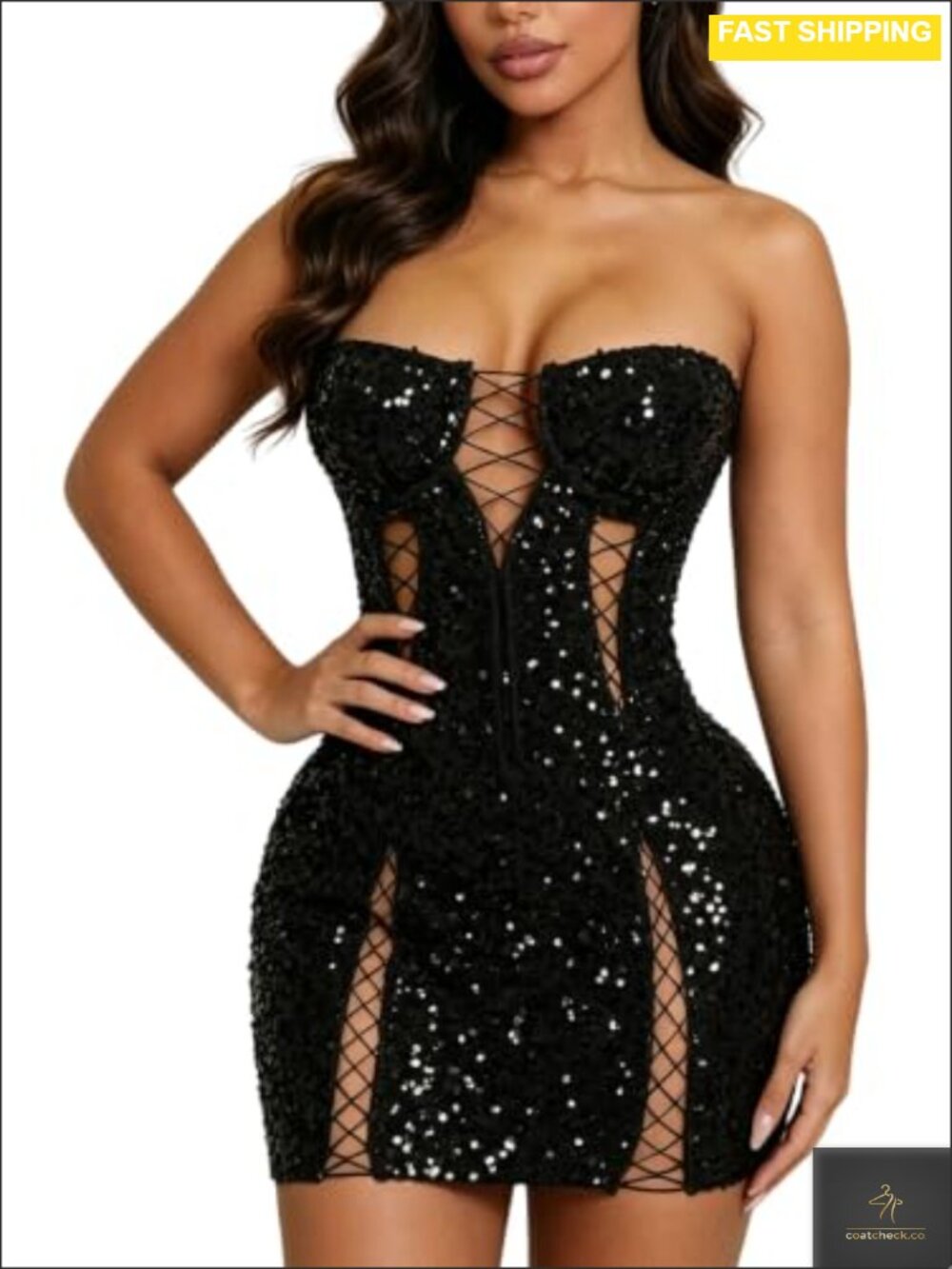 Sequin Strapless Lace Up Bodycon Mini Dress Party Cocktail